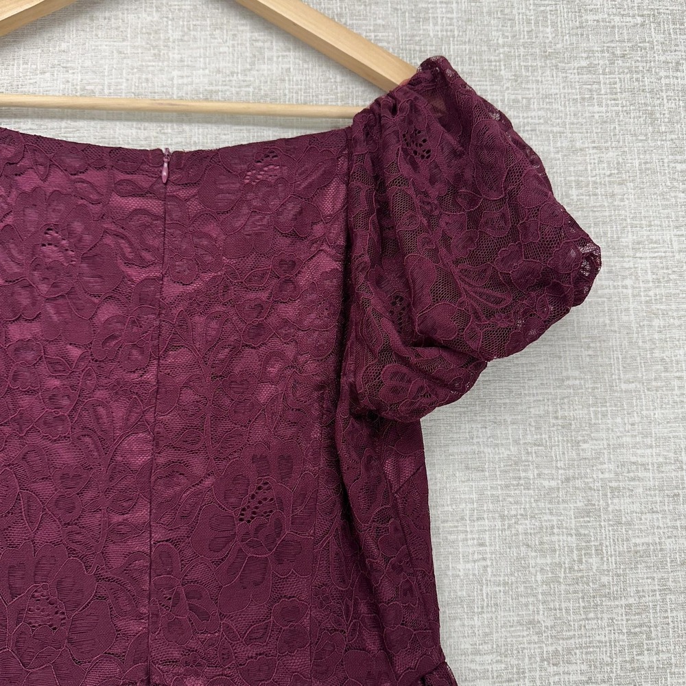 Dress Womens Medium Burgundy Lace Shoulder‎ Puff Sleeve Fit Flare Midi Formal - Picture 5 of 11